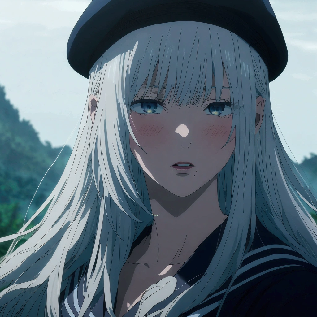 1girl, Solo, High Resolution, Breasts, Looking at viewer, Blush, High Resolution, Masterpiece, Accurate, Anatomically Correct, Best Quality, Detail, Long Hair, White Hair, Bangs, Parted Lips, Cowboy Shot, Simple background, blindfold, jujutsu kaisen anime screen cap , anime screen cap, Light Blush, Mole Under Mouth, Sailor Hat, Single Sidelock, 