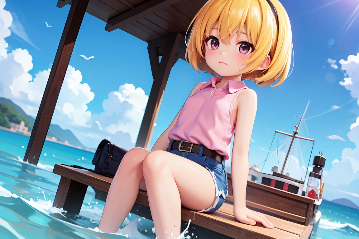 (Summer pier), blue sea, Deep blue sky, White cloud, (Satoko Hojo), woman, alone, Yellow Hair, blonde, Purple eyes, short hair, hair band, Flat Chest, １１age, Collared shirt,Sleeveless shirt,(Pink Shirt), White Belt, Denim shorts, Calm waves, Seagull, fishing boat,  Chibi Figures, 