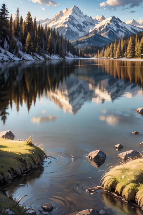 girls walk in a forest, majestic mountain, golden hour, snow-capped peaks, serene lake, clear reflection, calm water, tall pine ...