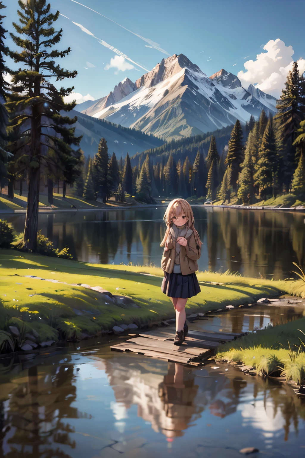 girls walk in a forest, majestic mountain, golden hour, snow-capped peaks, serene lake, clear reflection, calm water, tall pine trees, natural scenery, outdoor, soft warm light, shadows on mountains, tranquil atmosphere, wide-angle shot, deep depth of field, sharp focus on entire landscape, balanced exposure, soft pastel sky, clouds above mountains, girl walk in the forest,