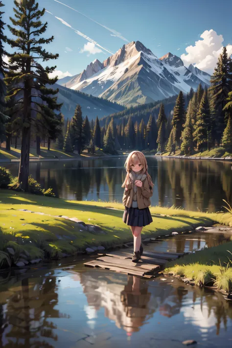 girls walk in a forest, majestic mountain, golden hour, snow-capped peaks, serene lake, clear reflection, calm water, tall pine ...