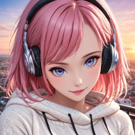 a woman with headphones and a hooded sweater. super beautiful, pink lips, big eyes, eyes of various colors, long eyelashes, smil...