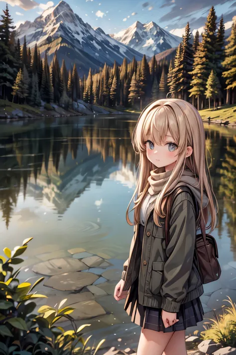 girls walk in a forest, majestic mountain, golden hour, snow-capped peaks, serene lake, clear reflection, calm water, tall pine ...