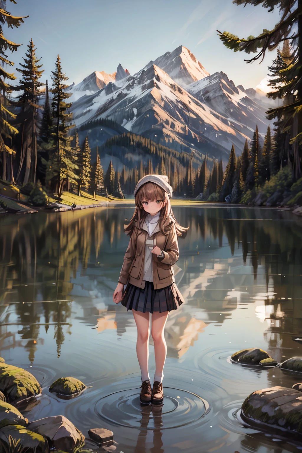 girls walk in a forest, majestic mountain, golden hour, snow-capped peaks, serene lake, clear reflection, calm water, tall pine trees, natural scenery, outdoor, soft warm light, shadows on mountains, tranquil atmosphere, wide-angle shot, deep depth of field, sharp focus on entire landscape, balanced exposure, soft pastel sky, clouds above mountains, girl walk in the forest,