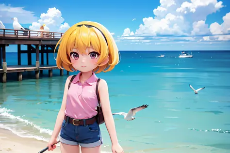 (summer pier), blue sea, deep blue sky, white cloud, (satoko hojo), woman, alone, yellow hair, blonde, purple eyes, short hair, ...