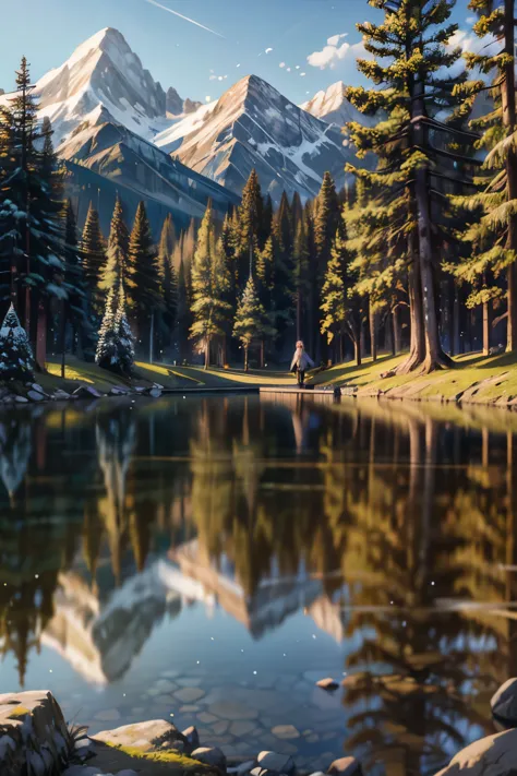 girls walk in a forest, majestic mountain, golden hour, snow-capped peaks, serene lake, clear reflection, calm water, tall pine ...