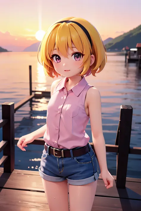 (wooden pier), sunset, orange sky, (satoko hojo), woman, alone, yellow hair, blonde, purple eyes, short hair, hair band, flat ch...