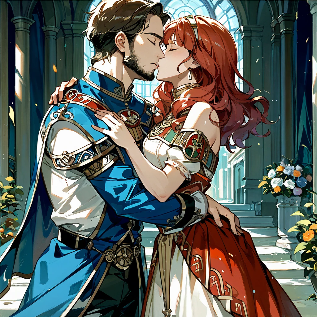 ((Highest quality)), ((masterpiece)), (detailed), （Perfect Face）The woman is a Celica with red hair.、The woman is wearing the traditional Indian dress, a sari.、The woman is embracing and kissing a middle-aged Indian man with a beard in their wedding ceremony.