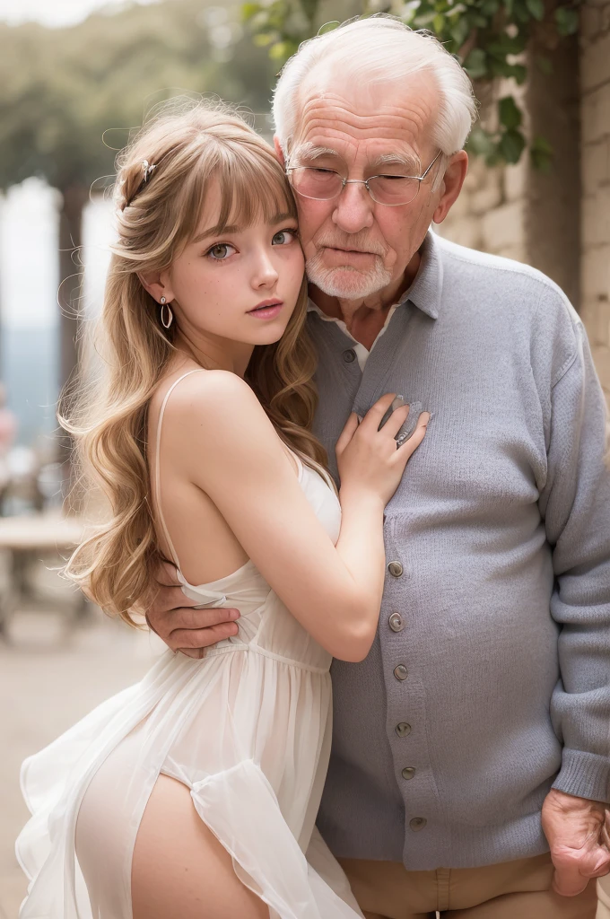 ((Highest quality)), ((masterpiece)), (High-definition photos), (1 old man, 1 young girl:1.4),  (drill hair), (spiral curl), kissing,  (long blonde), (bangs),  (Beautiful young girl and her father:1.3), gal, long, Light eyeshadow, (earrings), during, (pointy breasts:1.3), covered nipples, armpit,  white dress, (snowy white skin), (Blushed:1.3), upper body, ((Embarrassing)), Half-open mouth, Shiny skin、elbow groves, wetty lips, Thin eyebrows、(Blue eyes:1.1),  (old man is hugging girl from behind:1.4), Warm sunlight, A girl stands with the view of Amalfi
