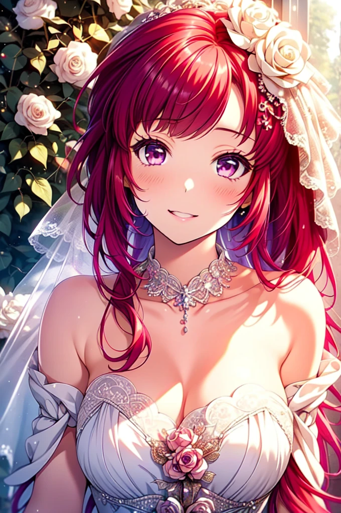 asamikei, (masterpiece, Highest quality, beautifully、aesthetic:1.3), 1girl,alone, (cute smile:1.1), (Silvery red purple hair with reddish red streaks:1.4), (Gradient red purple hair tip:1.6), hair, Ridiculously long hair, Single Side Lock, Wavy Hair, Shiny Hair, Floating Hair, (Deep red eyes), Delicate eyes, red eyes, Very fine eye, Long upper eyelashes, compensate, Focus on the face, Very detailedフェイシャル, Pretty face, Perfect breasts, Hot body, (Delicate skin texture:1.2), Bridal Veil, lace trim dress, See through, Wedding dress, Outdoor, White Rose, garden, morning, Are standing, Very detailed, gravure, nsfw,