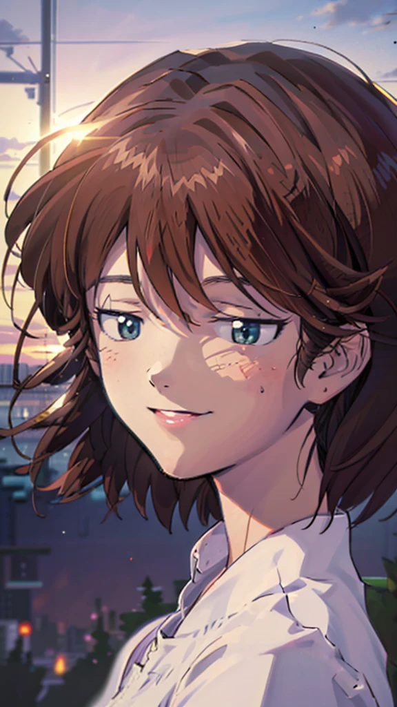 1girl, Mana Kirishima, Evangelion anime, 90s anime style, short brown hair, green eyes, white dress, smiling, highly detailed, masterpiece, 8k, photorealistic, cinematic lighting, dramatic pose, warm color palette, beautiful detailed eyes, beautiful detailed lips, extremely detailed face and portrait