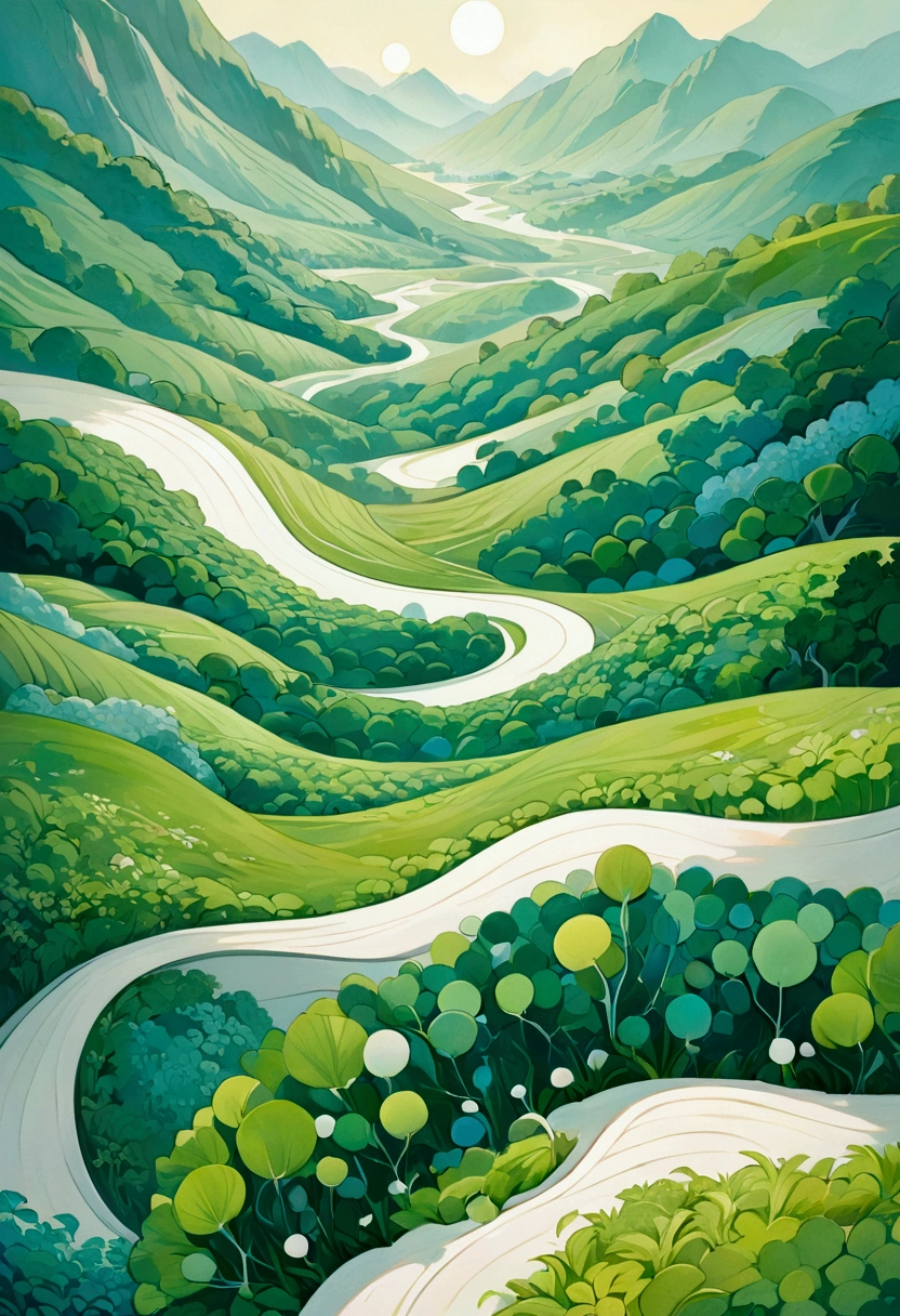 Abstract landscape painting, Stylized green hills，Smooth lines, White polka dot pattern, Small figure in white dress, natural scenery, Vibrant colors, surreal atmosphere, Beautiful curves, Detailed texture, Peaceful Mood, Imaginative design, Top view。Interesting abstract paintings, Active atmosphere; 以黑色树干and向上延伸的树枝为特色，The background is predominantly white. Leaves with bright colors, Green circles of different shades overlap each other, blue, and, Create a whimsical dynamic effect. 圆圈的大小and密度各不相同, 给人一种深度and运动的感觉. The works are attractive，Energetic, 激发创造力and快乐感.


