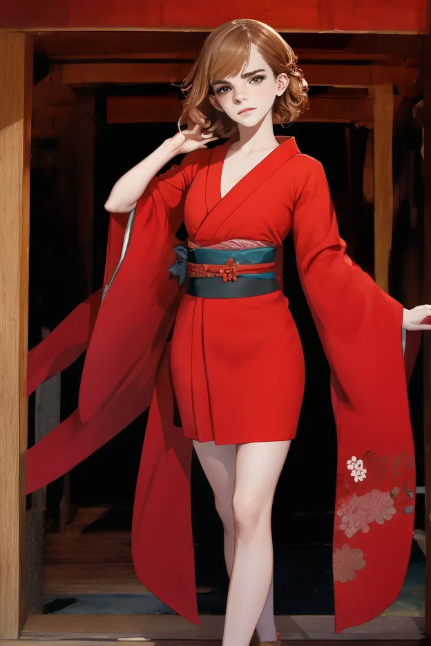 emma watson,standing in red kimono, breasts completely uncovered, long legs exposed