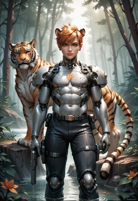 nv_gemtech orange citrine , a cyborg tiger at a nv_gemtech forest , science fiction