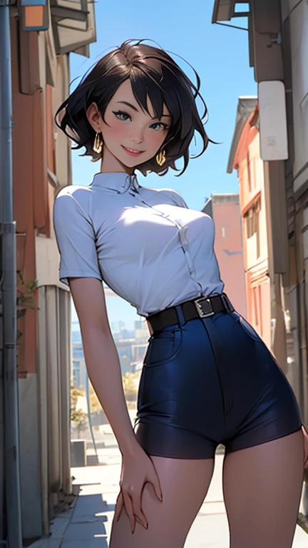 ((Artwork,best quality)), absurderes,
vixen_JLU, darkskin, 
standing alone, smiling, looking ahead at viewer, cowboy shot,
City with blue sky in the background, film composition, dynamic pose, へそ, breast out, Full ar, Street