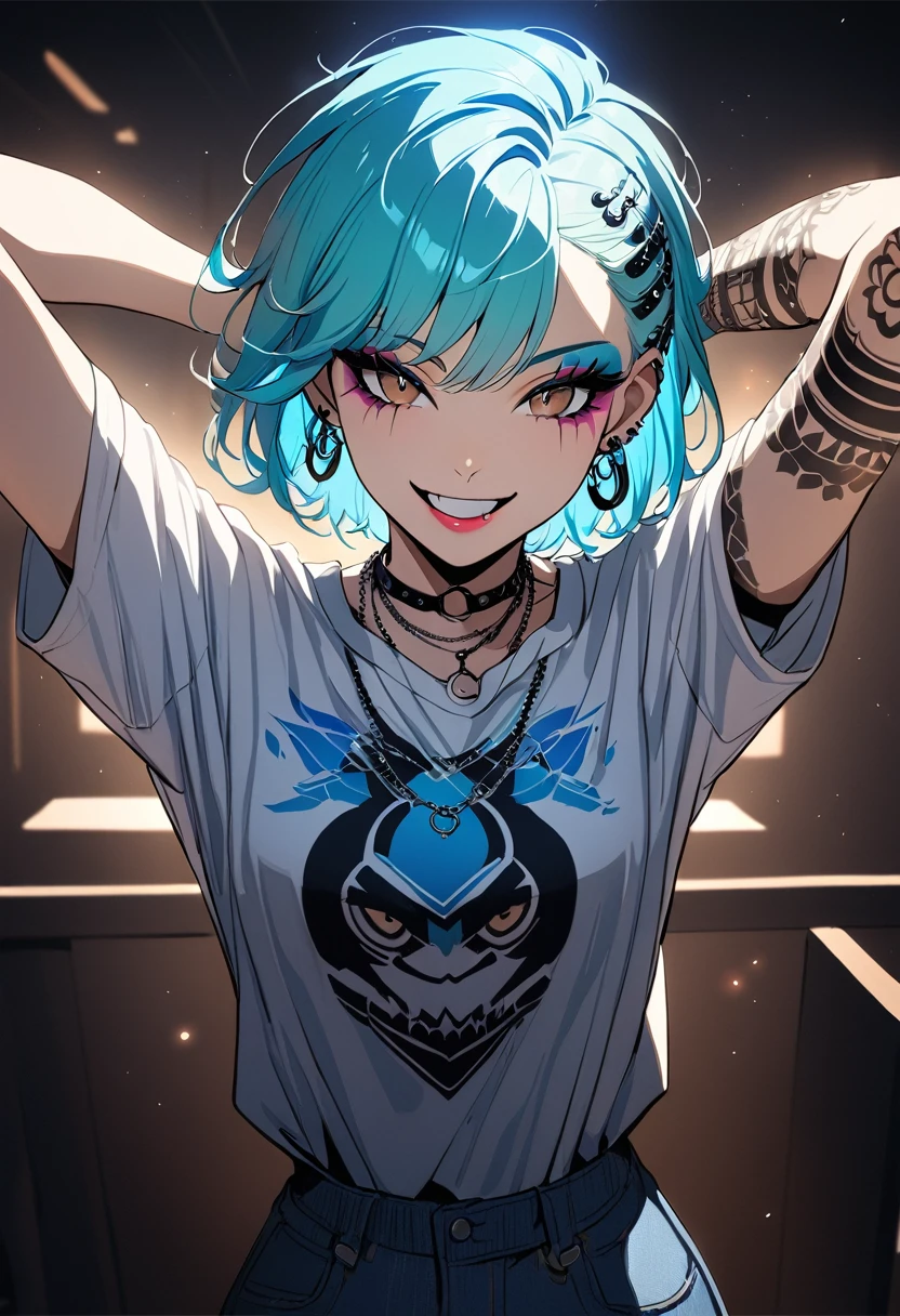 1girl, Holo-Punk Style, aqua hair, arm tattoo, glittery blue hair, brown eyes, earrings, eyelashes, grin, indoors, jewelry, lips, makeup, necklace,  shirt, short hair, short sleeves, smile, solo, t-shirt, tattoo, teeth, denim pants, white shirt, faux hawk, punk aesthetic, arms behind head, cinematic angle, foreshortening, dark, dark background, cinematic lighting, masterpiece, best quality , 