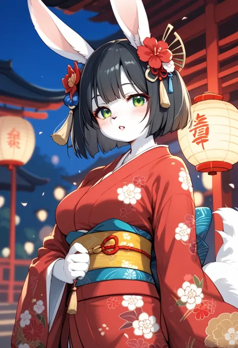 score_9, score_8_up, score_7_up, score_6_up, score_5_up, score_4_up, source_anime, source_furry, best quality, masterpiece, 1 female, (anthropomorphic Rabbit, furry, kemono),  japanese clothes, green eyes, solo, kimono, black hair, short hair, hair ornament, red kimono, blush, floral print, sash, bob cut, obi, wide sleeves, long sleeves, breasts, upper body, flower, hair flower, open mouth, blurry, yellow sash, :o, tassel, print kimono, blurry background, medium breasts, lantern, tassel hair ornament, paper lantern, parted lips, fluffy tail, fluffy coat,