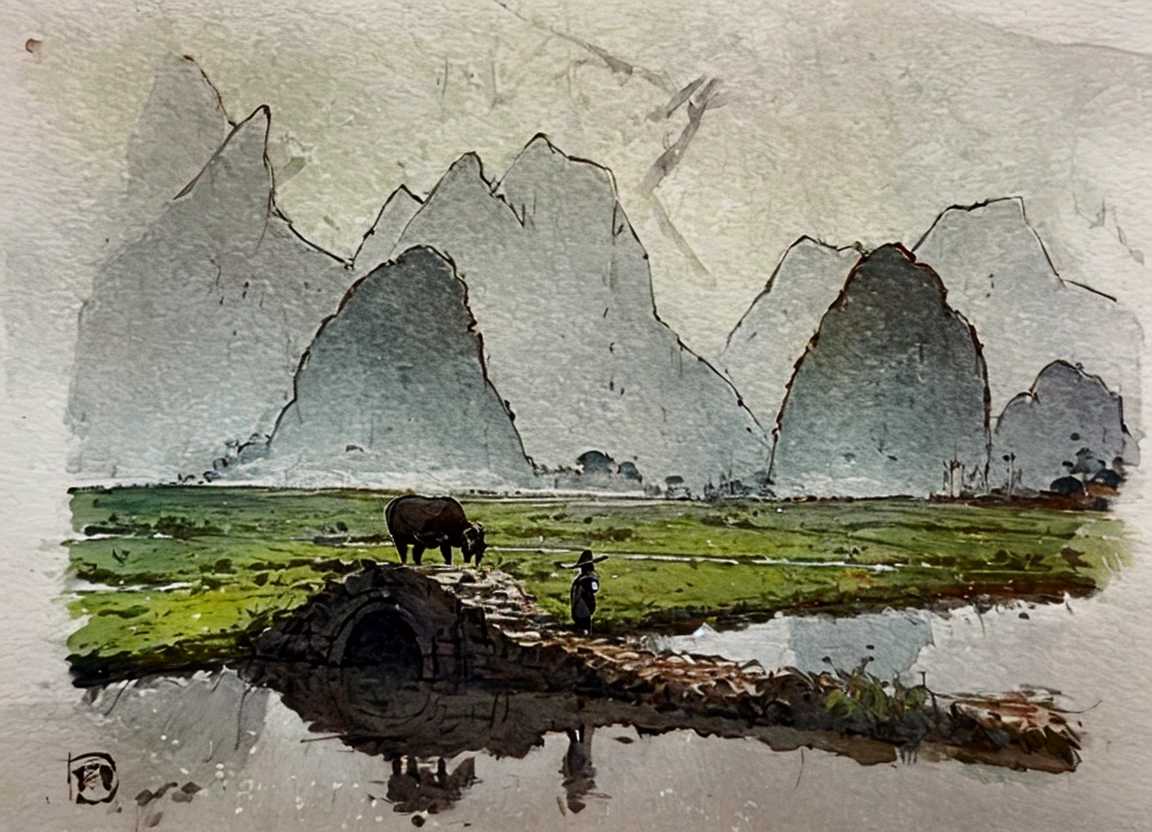 serene, Rural landscape, Old stone bridge, Bison eating grass, solitary figure, natural scenery, Vast green fields, Misty Mountains, Soft watercolor tones, Peaceful atmosphere, Reflections in water, cloudy day, subtle Colors, A calm mood, Distant Horizon, Wide-angle view, gentle brushstrokes, serene countryside