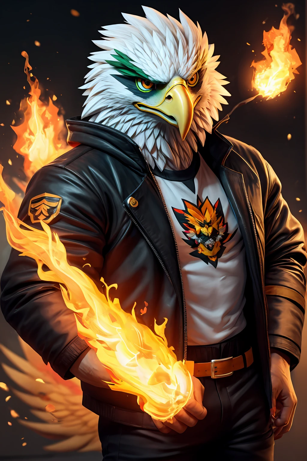 offcial art, Unity 8k papel de parede, ultra detaild, bonitas, Eagle man with anthropomorphic aura of fire verde ,neon verde eagle mask, with black jacket, with ring, with an angry face,Bblack hair ,fluffly, cute, shorty, kawaii, drawing 2