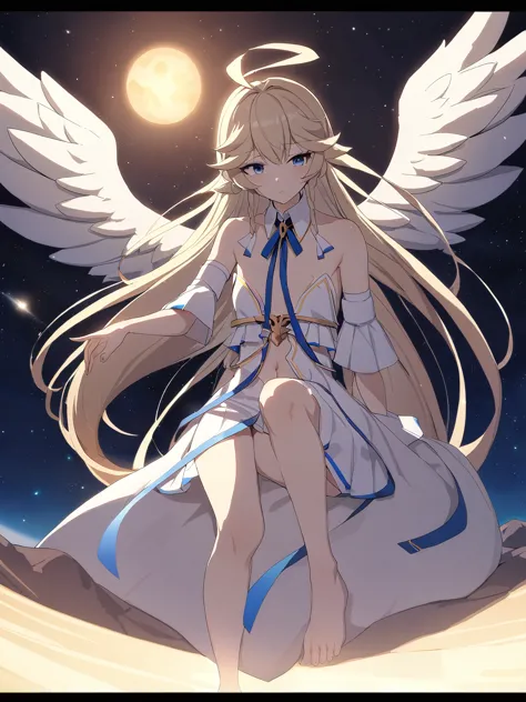 dsaola, blue eyes, (variegated eyes:0.5), blonde, very long hair, twin blade, bangs, ahoge, hello, angel, flat chest, white dres...