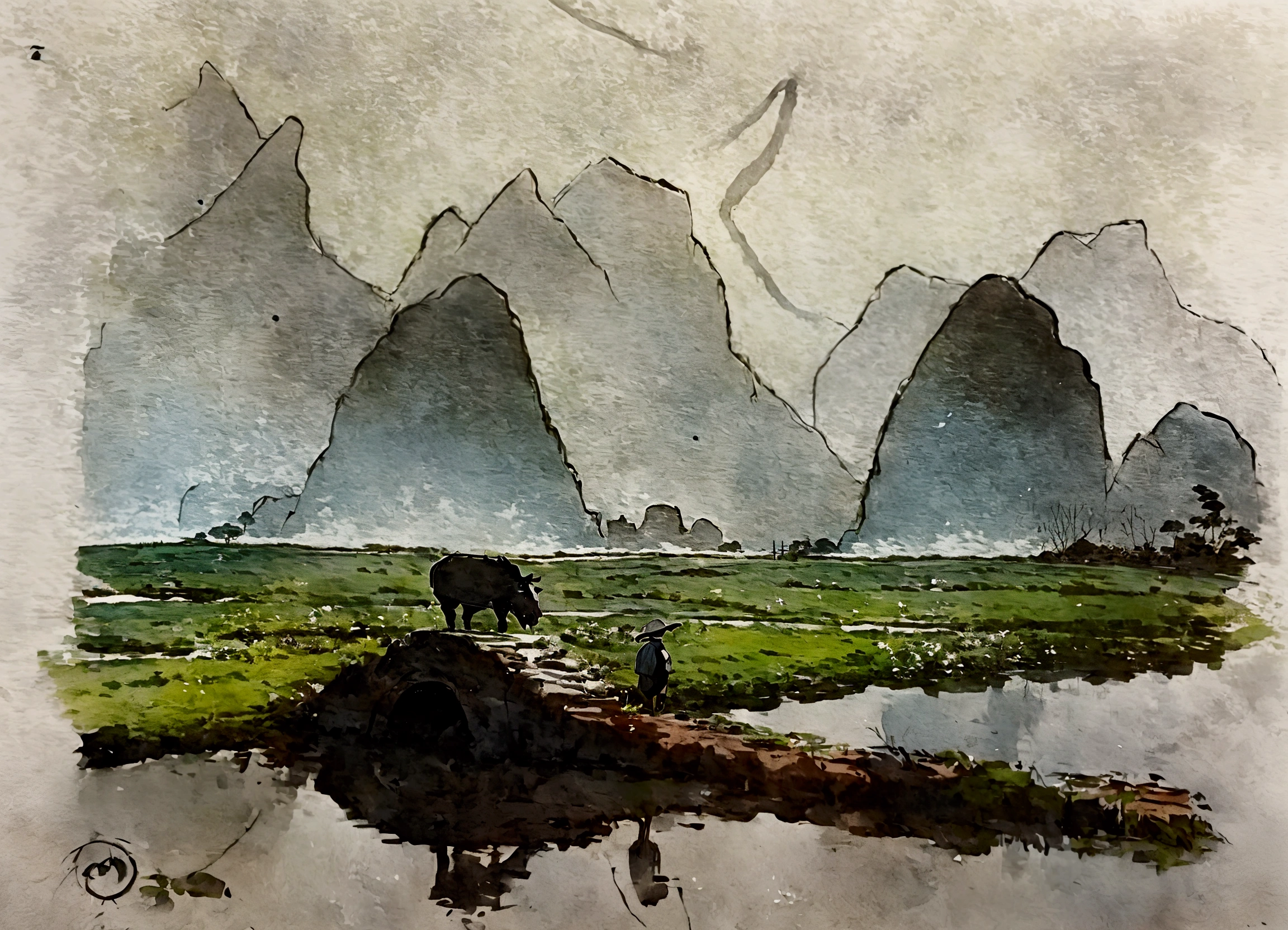 serene, Rural landscape, Old stone bridge, Bison eating grass, solitary figure, natural scenery, Vast green fields, Misty Mountains, Soft watercolor tones, Peaceful atmosphere, Reflections in water, cloudy day, subtle Colors, A calm mood, Distant Horizon, Wide-angle view, gentle brushstrokes, serene countryside