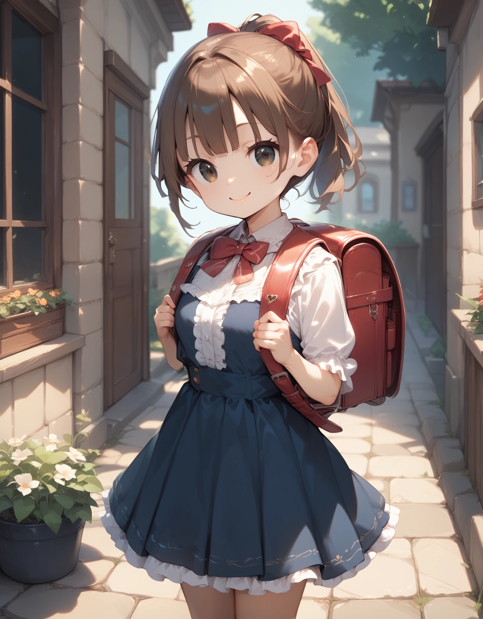 Masterpiece, hd, 1girl, brown hair, ponytail, hair ribbon, wearing cute dress, frilled dress,  dress, bowtie, standing, outdoor, smile, wearing randoseru backpack,(backpack:1.2)