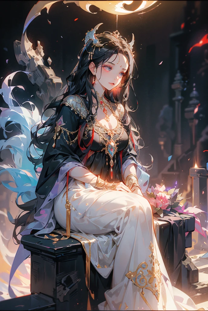 High Resolution Create an image of a mature demonic goddess who embodies both power and motherhood. She has deep crimson skin with subtle glowing markings across her body, symbolizing ancient protection spells. Her long, wavy black hair flows majestically, laced with silver strands that glimmer faintly in the low, ethereal light. Two elegantly curved black horns emerge from her forehead, their tips glowing with a faint blue fire. Her eyes, glowing with a soft amber hue, reflect wisdom, kindness, and a fierce protective instinct, as though she has seen eons of struggle but still remains nurturing. Her dark, form-fitting gown is made of a rich, shadowy fabric that seems to ripple like liquid night, adorned with intricate silver and gold symbols of fertility, protection, and life.In one hand, she holds an ornate staff carved with ancient runes, topped with a crystal that swirls with dark, mystical energy. The other hand rests gently over her heart, a gesture of love and warmth. Around her neck hangs a pendant symbolizing motherhood, glowing with a soft white light. Her presence feels commanding but benevolent.The background is a mystical realm with jagged obsidian mountains and rivers of glowing lava, contrasted by a serene, floating garden where rare, vibrant flowers bloom amidst the darkness. Faint ghostly figures of children play in the distance, symbolizing her role as a mother to all souls. The sky above is a swirling mass of dark clouds, punctuated by glowing red and purple lightning, adding to the divine yet dangerous aura around her."