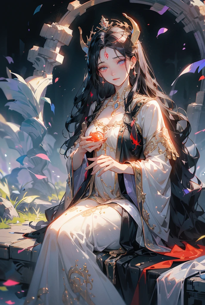 High Resolution Create an image of a mature demonic goddess who embodies both power and motherhood. She has deep crimson skin with subtle glowing markings across her body, symbolizing ancient protection spells. Her long, wavy black hair flows majestically, laced with silver strands that glimmer faintly in the low, ethereal light. Two elegantly curved black horns emerge from her forehead, their tips glowing with a faint blue fire. Her eyes, glowing with a soft amber hue, reflect wisdom, kindness, and a fierce protective instinct, as though she has seen eons of struggle but still remains nurturing. Her dark, form-fitting gown is made of a rich, shadowy fabric that seems to ripple like liquid night, adorned with intricate silver and gold symbols of fertility, protection, and life.In one hand, she holds an ornate staff carved with ancient runes, topped with a crystal that swirls with dark, mystical energy. The other hand rests gently over her heart, a gesture of love and warmth. Around her neck hangs a pendant symbolizing motherhood, glowing with a soft white light. Her presence feels commanding but benevolent.The background is a mystical realm with jagged obsidian mountains and rivers of glowing lava, contrasted by a serene, floating garden where rare, vibrant flowers bloom amidst the darkness. Faint ghostly figures of children play in the distance, symbolizing her role as a mother to all souls. The sky above is a swirling mass of dark clouds, punctuated by glowing red and purple lightning, adding to the divine yet dangerous aura around her."