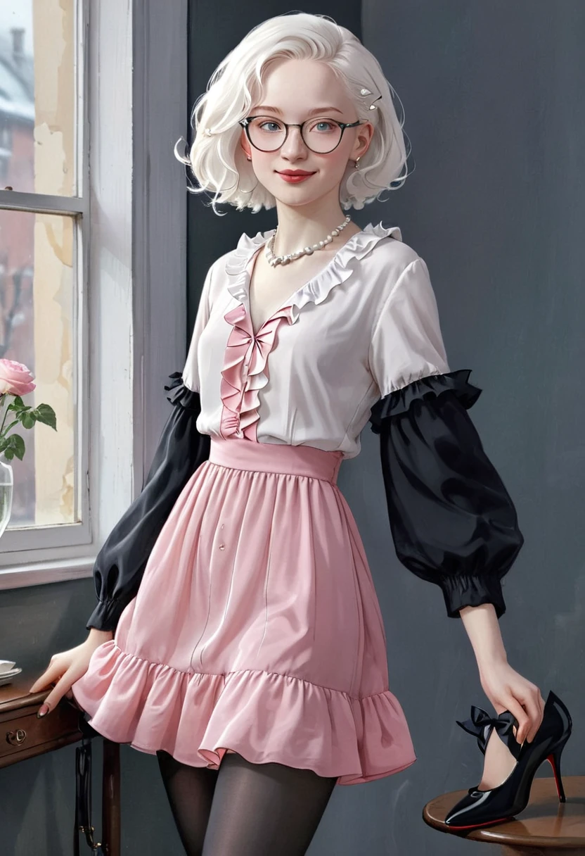 Good morning! (pink clothing), Cute 18 yo (albino:1.4)woman of Slavic descent.(short:1.1), , long white hair, gray eyes, ((very pale:1.4)). Innocent look. Gentle spirit.(virgin), (joy),(laughter:1.3). (Playful:1.2). Mascara, eyeglasses, necklace, jacket, blouse, ruffle dress, (black pantyhose), high heels.