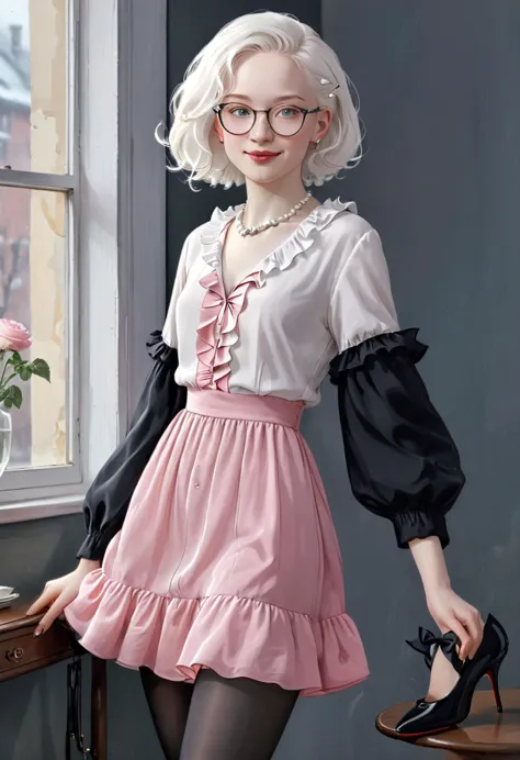 good morning! (pink clothing), cute 18 yo (albino:1.4)woman of slavic descent.(short:1.1), , long white hair, gray eyes, ((very ...