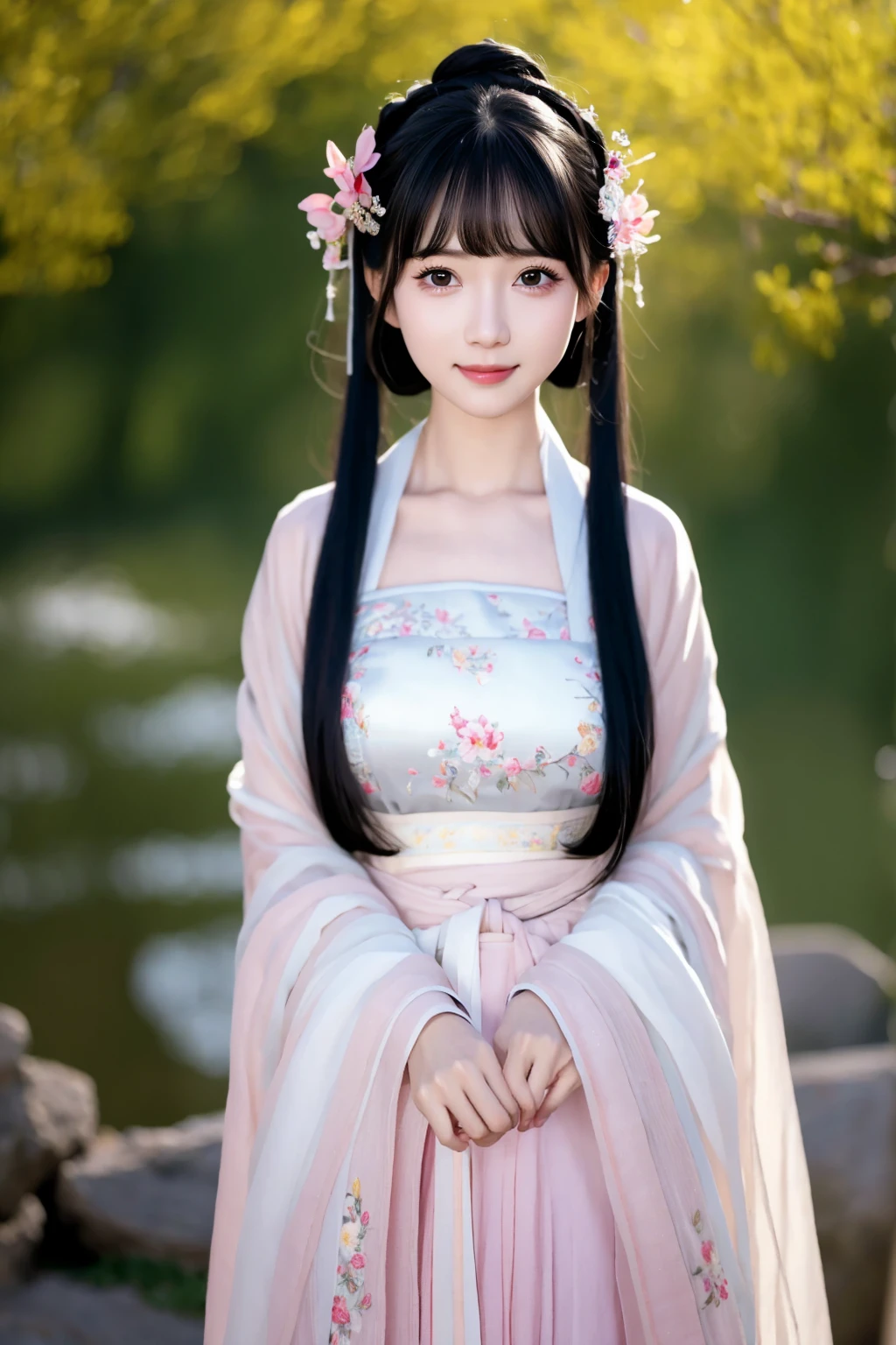 HDR,Ultra HD,8K,best quality,Practical,masterpiece,Very detailed,1 Girl,Solitary,Practical,breast,Looking at the audience,Bangs,Hair accessories,Black Hair,Smile,black eyes,Flowering,Upper Body,Shut up,Lips,blunt Bangs,Long hair,see through hanfu,Longfei Hanfu,Movie Lighting,outdoor,