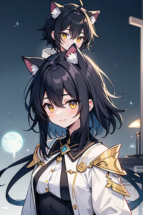 a boy with black hair and cat ears, golden eyes, straight hair, short hair, shoulder-length hair, cute smile, magician&#39;s cap...