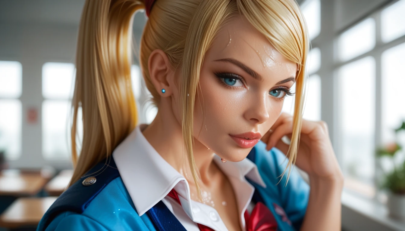 samus aran blonde side ponytail ，beautiful eyes(穿school uniform),(pouty),E7E48U，All sweaty，Large Breasts，，pubic hair