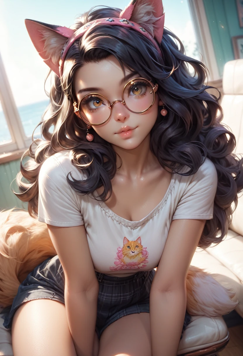 realistic, , score_9, score_8_up, score_7_up, score_7, score_6_up, score_5_up, a woman, wearing reij-kmnrbbn golden cat eyes, fake fox hairband, wide hips, ((black_hair, sideparted, straight_hair, round_eyewear, )), sitting on a seat, dynamic angle, front view, summer, suspenseful, wam light, dynamic composition, ambient light, highly detailed, cute, leaning to viewer, selfi pose
