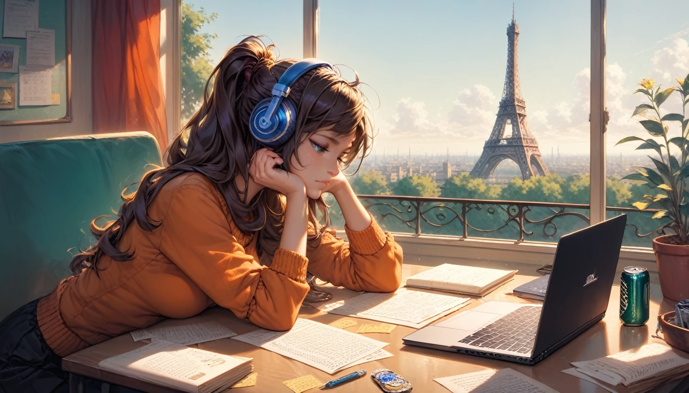 a cozyWallpaper style image of a scene depicting a young girl sitting at a desk in her cozy room, studying. She is wearing a blue and orange sweater and has blue headphones over her ears, with her brown hair tied back in a ponytail. The girl rests her chin on her hands, appearing slightly bored, as she gazes out of the window. The desk in front of her is cluttered with open notebooks, papers, a laptop, and various stationery items. A small potted plant sits on the windowsill, basking in the warm glow of the late afternoon or early evening sunlight. Outside the window, Paris can be recognized with an eiffel tower in the distance, fading into the twilight, creating a cozy and introspective atmosphere in the room.
