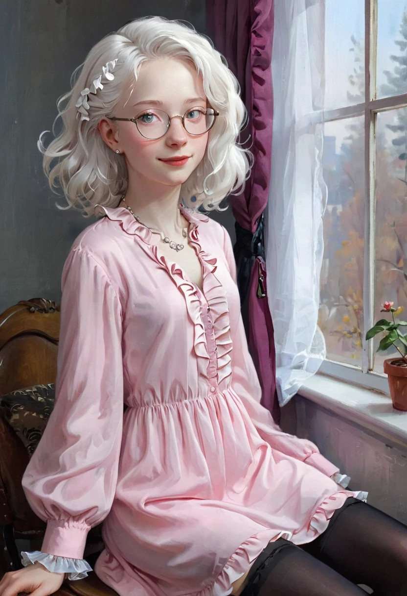 (aroused, wanna make love?),Good morning! (pink clothing), Cute 18 yo (albino:1.4)woman of Slavic descent.(short:1.1), , long white hair, gray eyes, ((very pale:1.4)). Innocent look. Gentle spirit.(virgin), (joy),(laughter:1.3). (Playful:1.2). Mascara, eyeglasses, necklace, jacket, blouse, ruffle dress, (black pantyhose), high heels.