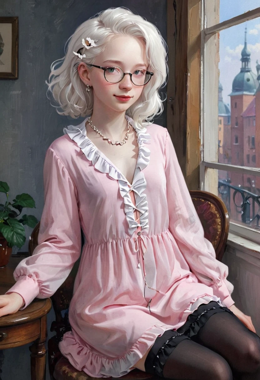 (aroused, wanna make love?),Good morning! (pink clothing), Cute 18 yo (albino:1.4)woman of Slavic descent.(short:1.1), , long white hair, gray eyes, ((very pale:1.4)). Innocent look. Gentle spirit.(virgin), (joy),(laughter:1.3). (Playful:1.2). Mascara, eyeglasses, necklace, jacket, blouse, ruffle dress, (black pantyhose), high heels.