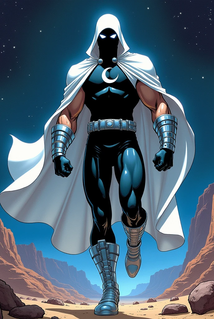 90s comics style. Moon Knight Full Body Portrait, a Marvel Comics superhero and vigilante, Equipped with a stylish tactical suit that combines a black and silver color scheme. He wears a long, flowing white cloak with a hood.. The cape appears streamlined and billows behind him as he moves.; His face is hidden by a black mask, leaving only bright blue-white eyes visible. This gives the character an air of mystery and intimidation.. He has an athletic and muscular build., highlighted by the tight-fitting suit where there is a silver crescent moon symbol on her chest, displays a high level of physical skill. Parts of your outfit, like the forearms, the shins and sides, They are reinforced with silver armor-like components., offers protection and agility. It is represented levitating near the ground, in a night desert, view from below.
