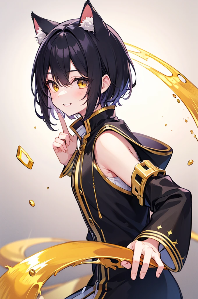 A boy with black hair and cat ears, Golden Eyes, Straight hair, short hair, Shoulder-length hair, Cute Smile, Magician&#39;s Cloak, Shorts, (Highest quality, 4K, 8k, High resolution, masterpiece:1.2), Very detailed, Solo Boy, Dramatic lighting, Very detailed, Facial Features, Complex fabric texture, Structure of the film