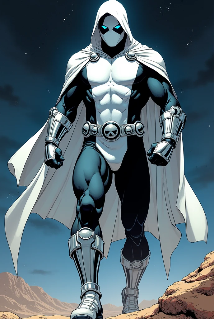 90s comics style. Moon Knight Full Body Portrait, a Marvel Comics superhero and vigilante, equipped with a sleek tactical suit that covers his entire body, combines a white and silver color scheme++. He wears a long, flowing white cloak with a hood.. The cape appears streamlined and billows behind him as he moves.; His face is hidden by a white cloth mask., leaving only bright blue-white eyes visible. This gives the character an air of mystery and intimidation.. He has an athletic and muscular build., highlighted by the tight suit, There is a silver crescent moon symbol on his chest++, displays a high level of physical skill. Parts of your outfit, like the forearms, the shins and sides, They are reinforced with silver armor-like components., Silver crescents adorn her waist++, offers protection and agility. It is represented levitating near the ground, in a night desert, view from below, Best Quality.
