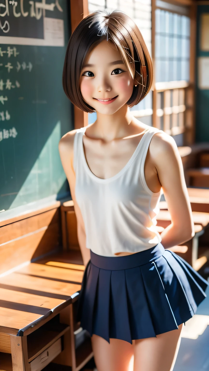 （Japanese girl), Complete Hand,Cute Face, (Deeply chiseled face:0.7), (freckles:0.6), Soft Light,Healthy white skin,whole body, shy, (Serious face), thin, smile, ,Shy expression,,Bobcut,(Flat Chest,),(,Small breasts,,Japanese ,(Hands behind back),Fine and beautiful skin,Skin Texture,Middle school students,uniform,Small breasts,mini skirt,Classroom after school,Standing pose,short hair,very good