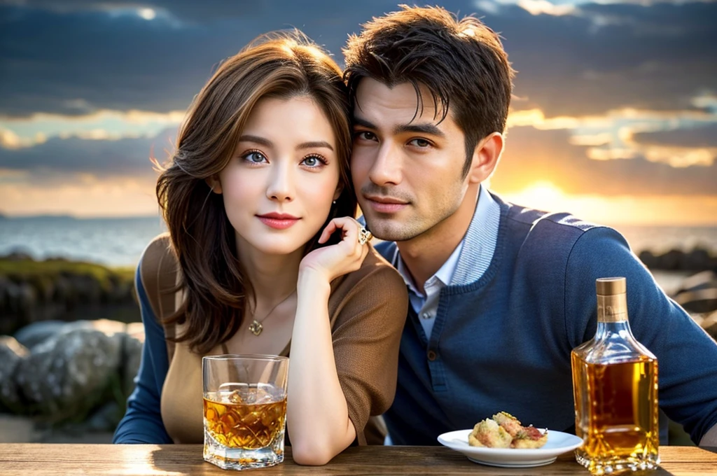 (Realistic, 超Realistic:1.4), 16k hdr, High resolution,Brown short hair,The best smile、Handsome Men and Beautiful Women、Islay、Japanese actress,Super Beauty(Like the real thing),Short sleeve dress,Whiskey bottles、The Macallan、Johnnie Walker、、Old Parr、whiskey、Suntory、Nikka、Slim couple、Model Couple、(Realistic, Intricate details:1.2), full-course dinner、Whiskey bottle and glass on the table、Single Malt、scotch、Rocks glass、Shot Glass、Whisky on the Rock、Scotland、Amazing view of the sunset sky and clouds、,Digital single-lens reflex camera, Soft lighting, Detailed Background, Written boundary depth, Volumetric lighting, Sharp focus, super Realistic 肌,super beautiful expression,Cloud Effect:1.2、プロ品質のHigh resolution、Realistic facial features,Highest quality,Slim figure,Highly detailed face,Highly detailed eyes,Beautiful Lips,Excellent light particles,Cinema Lighting,blue eyes,