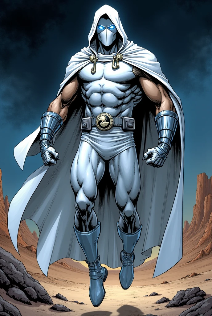 90s comics style. Moon Knight Full Body Portrait, a Marvel Comics superhero and vigilante, Equipped with a stylish tactical suit that combines a black and silver color scheme. He wears a long, flowing white cloak with a hood.. The cape appears streamlined and billows behind him as he moves.; His face is hidden by a black mask, leaving only bright blue-white eyes visible. This gives the character an air of mystery and intimidation.. He has an athletic and muscular build., highlighted by the tight-fitting suit where there is a silver crescent moon symbol on her chest, displays a high level of physical skill. Parts of your outfit, like the forearms, the shins and sides, They are reinforced with silver armor-like components., offers protection and agility. It is represented levitating near the ground, in a night desert, view from below.
