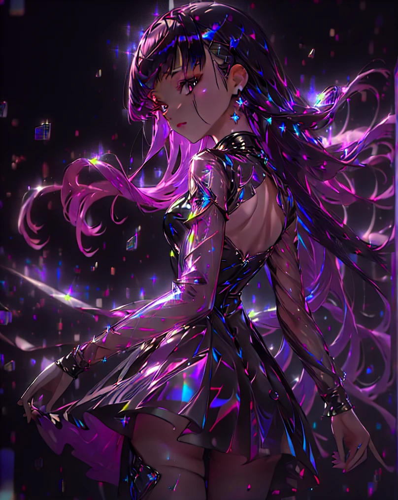 (((masterpiece))), (((best quality))), absurdres, ((ultradetailed)),1girl, solo, long purple hair, black transparent holographic dress, elegant mini-dress, (black background), light particles, night, black night, looking back, (((cowboy shot))), sharp image