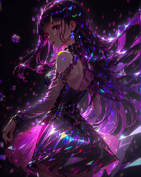 (((masterpiece))), (((best quality))), absurdres, ((ultradetailed)),1girl, solo, long purple hair, black transparent holographic...