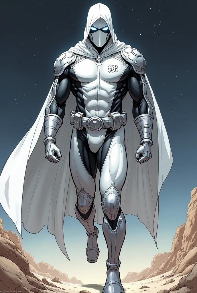 90s comics style. Moon Knight Full Body Portrait, a Marvel Comics superhero and vigilante, Equipped with a stylish tactical suit that combines a black and silver color scheme. He wears a long, flowing white cloak with a hood.. The cape appears streamlined and billows behind him as he moves.; His face is hidden by a black mask, leaving only bright blue-white eyes visible. This gives the character an air of mystery and intimidation.. He has an athletic and muscular build., highlighted by the tight-fitting suit where there is a silver crescent moon symbol on her chest, displays a high level of physical skill. Parts of your outfit, like the forearms, the shins and sides, They are reinforced with silver armor-like components., offers protection and agility. It is represented levitating near the ground, in a night desert, view from below.
