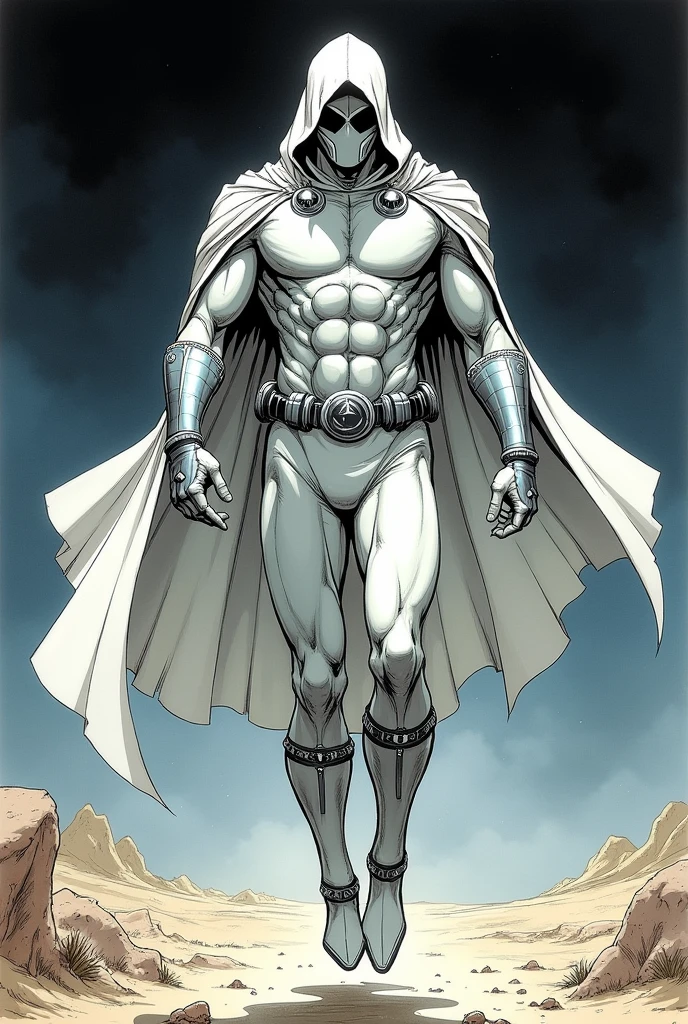 90s comics style. Moon Knight Full Body Portrait, a Marvel Comics superhero and vigilante, Equipped with a stylish tactical suit that combines a black and silver color scheme. He wears a long, flowing white cloak with a hood.. The cape appears streamlined and billows behind him as he moves.; His face is hidden by a black mask, leaving only bright blue-white eyes visible. This gives the character an air of mystery and intimidation.. He has an athletic and muscular build., highlighted by the tight-fitting suit where there is a silver crescent moon symbol on her chest, displays a high level of physical skill. Parts of your outfit, like the forearms, the shins and sides, They are reinforced with silver armor-like components., offers protection and agility. It is represented levitating near the ground, in a night desert, view from below.
