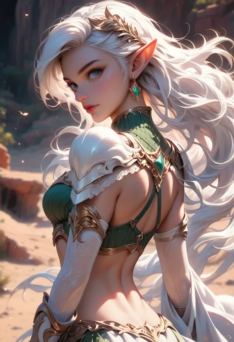 ariel, upper body portrait, elf, white hair, beautiful, cute skimpy fantasy armor, warrior, midriff, fit, white hair, cowboy sho...