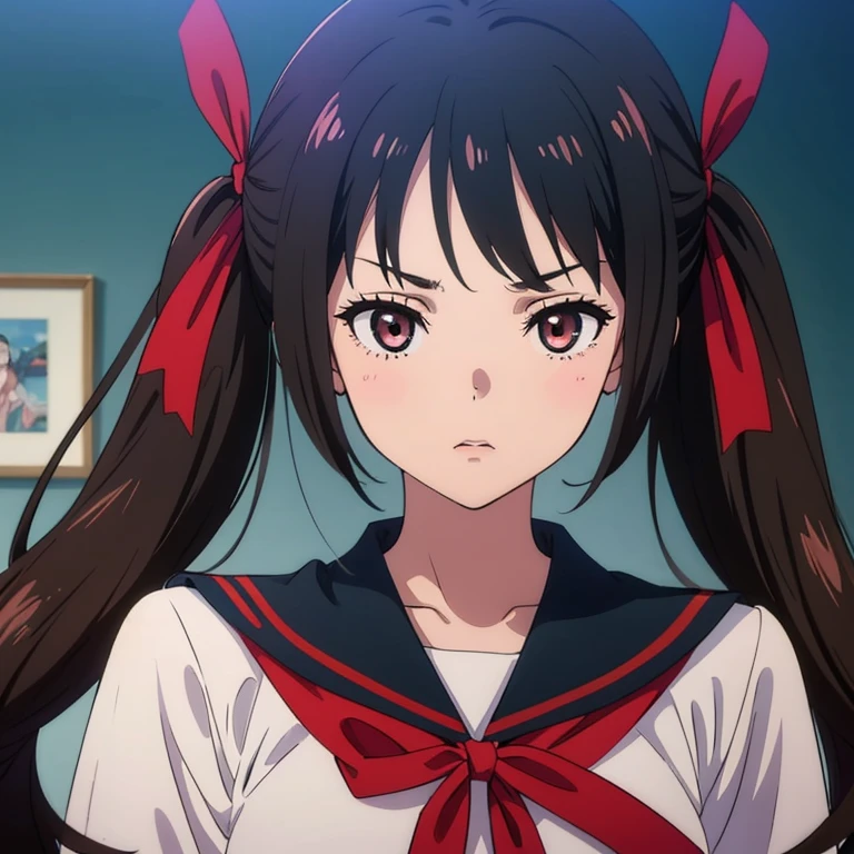 (best quality, masterpiece, ultra detailed, anime, high resolution), anatomically correct, anime, 1girl, very long low twintails, red ribbon, black hair, serafuku, black sailor collar, white blouse, pink neckerchief,  dark brown eye, school, from front