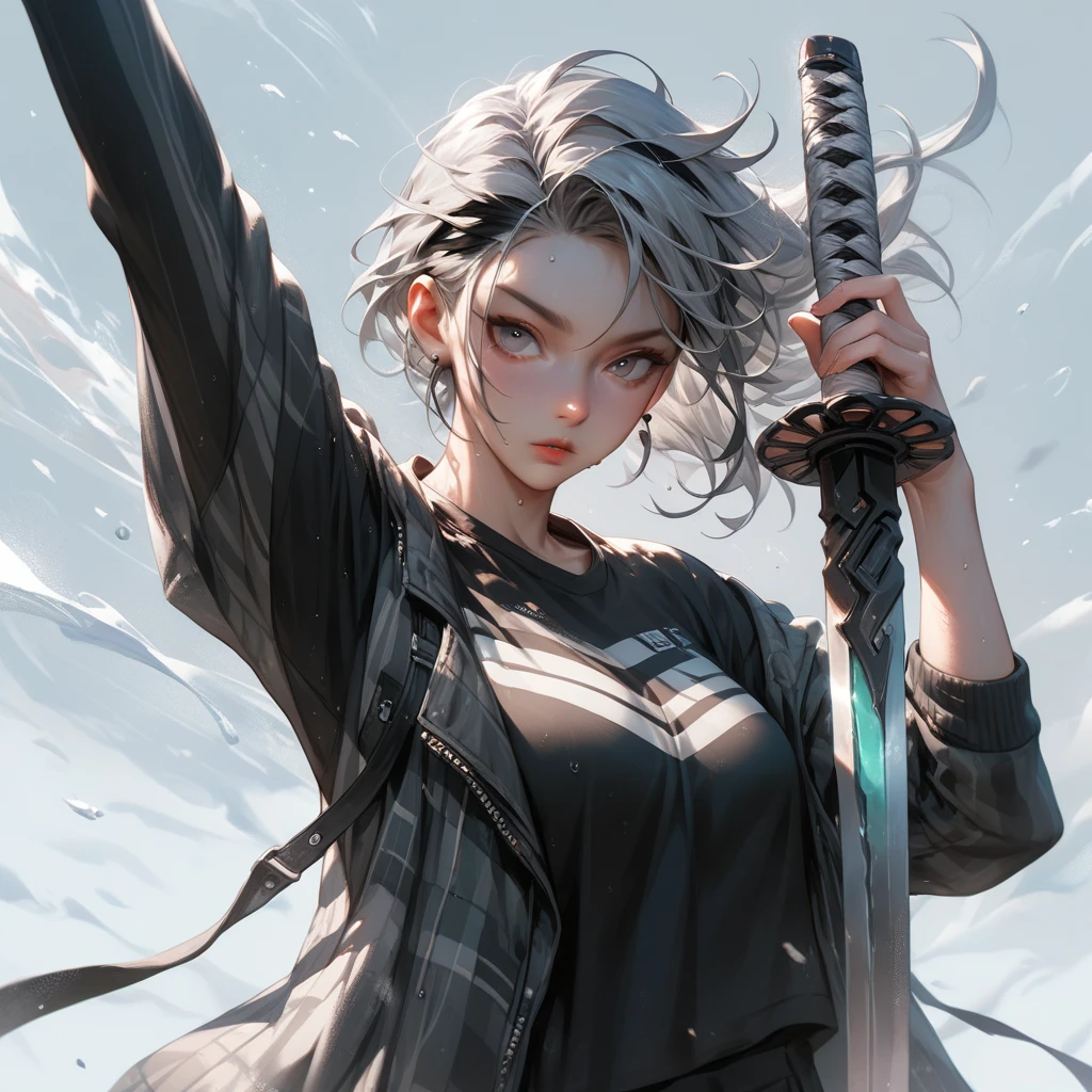 anime styling, triton, Woman, gray hair, a large, dark streak in your hair, holding sword, stretching out the open hand, Arctic, frigid landscape, cold image
